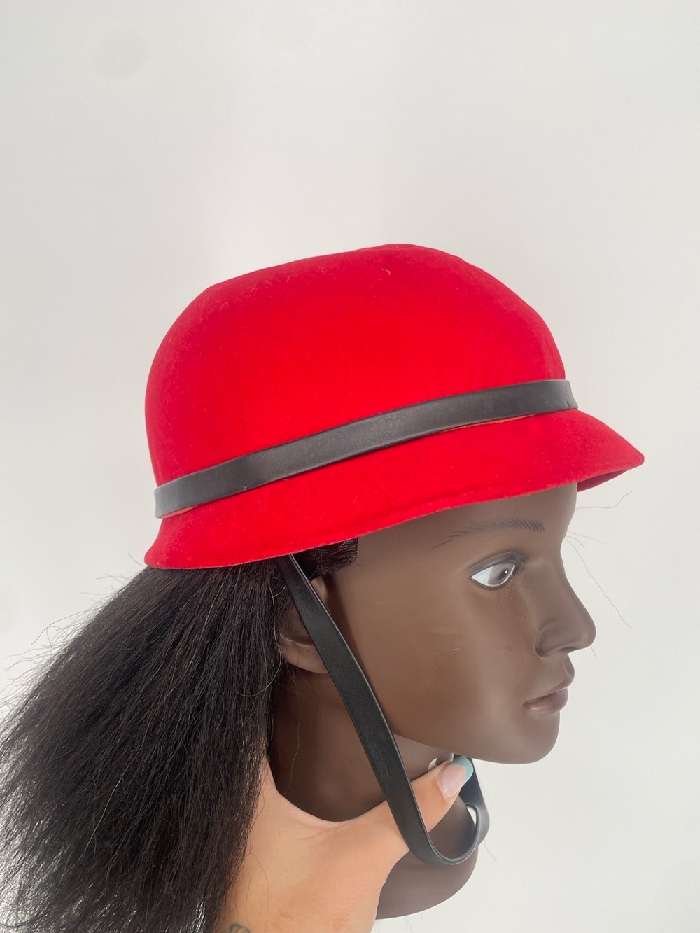 60s Mr. John Juniorette Red Riding Hat W Black Contrasting Trim & Chin Strap